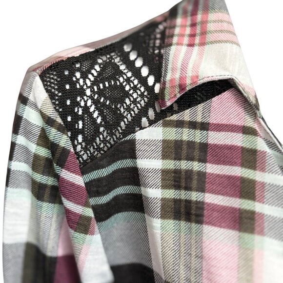 Self Esteem Red & Black Plaid Open Front Cardigan w/ Lace Shoulder Womens Sz XL - Picture 3 of 6